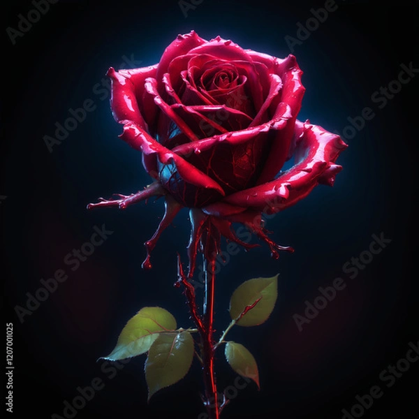 Fototapeta Dramatic Glowing Red Rose with Dew Against Dark Background
