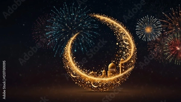 Fototapeta Ramadan Mubarak with mousqe. Firework