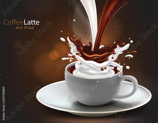Fototapeta A stream of coffee and milk merge in a cup with a splash effect. Highly realistic illustration