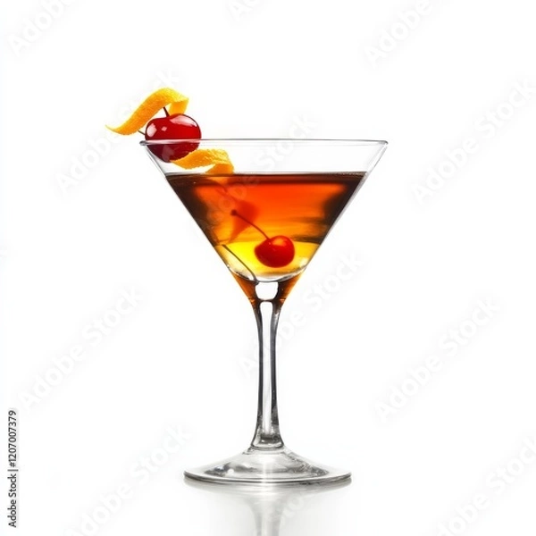 Fototapeta A sophisticated Manhattan with cherry and orange twist, displayed against an isolated white background, chiaroscuro art style