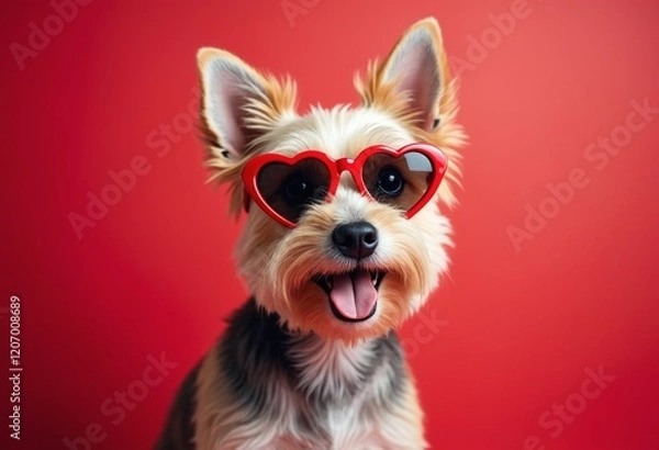 Fototapeta Charming Playful Terrier Dog in Heart Sunglasses on a Striking Red Background for Creative Valentine's Day Greetings