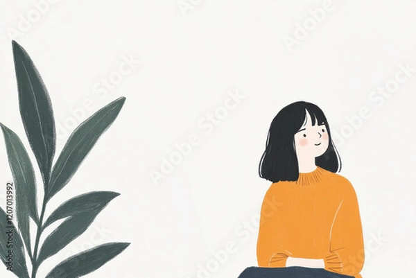 Fototapeta A girl is sitting in front of a plant
