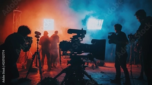 Fototapeta Cinematic Silhouettes: Film Crew at Work on Misty Stage. Abstract Marketing Background with Dramatic Lighting and High-Resolution Camera Capture. Creative Pattern for Posters, Banners, and Digital Med