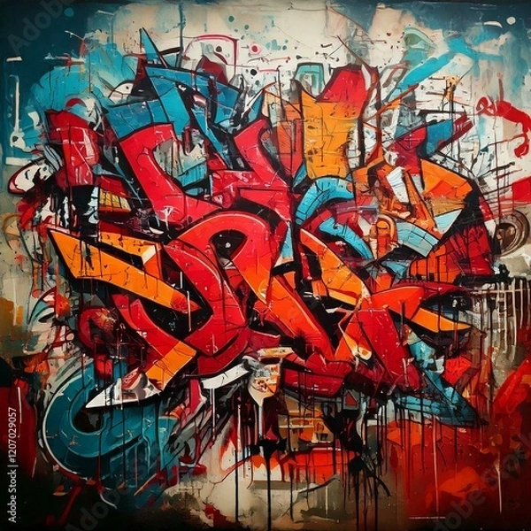 Fototapeta a graffiti piece that combines fragmented text, symbols, and abstract imagery. Use bold colors and layers to reflect themes of identity, history, or rebellion in an expressive, chaotic style.