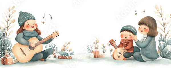 Fototapeta Family singing together, enjoying music with guitar and toy instruments, surrounded by winter scenery and festive decorations, creating joyful memories