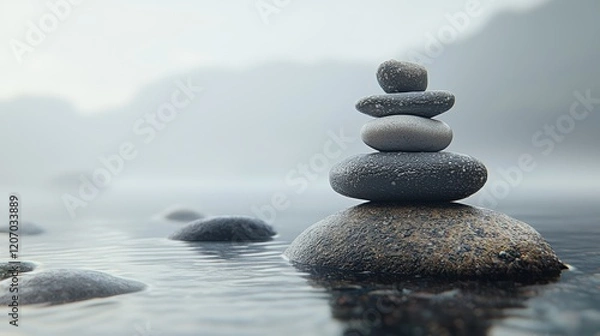 Fototapeta serene Balanced Stone Stack (Cairn) A close up of a carefully balanced stone stack in shallow water, with the smooth stones and still water conveying a sense of tranquility and mindfulness.