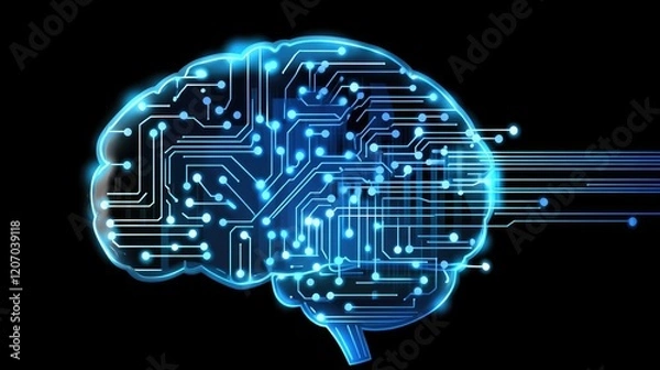 Fototapeta AI brain concept with glowing lines and dots, representing neural networks, placed on a dark futuristic background