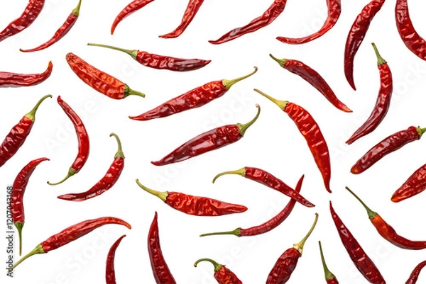 Fototapeta Dried Spicy Red Chili Peppers Pattern: A vibrant and fiery pattern of scattered dried red chili peppers. Perfect for adding a touch of heat and excitement to your culinary or design projects. 
