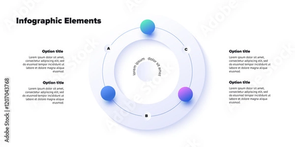Fototapeta Business process chart infographics with 3 step spheres. Round workflow graphic elements. Company flowchart presentation slide. Vector info graphic in isometric design