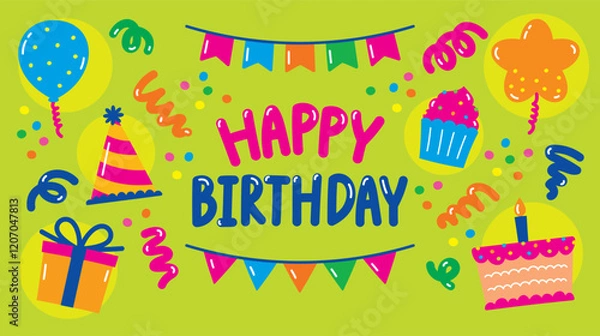 Fototapeta cute fun colorful hand drawn flat style graphic element vector set in happy birthday theme