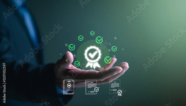Fototapeta Businessman working with sign of the top service Quality assurance, Guarantee, Standards, ISO certification and standardization concept, Quality management with Quality Assurance and Quality Control.