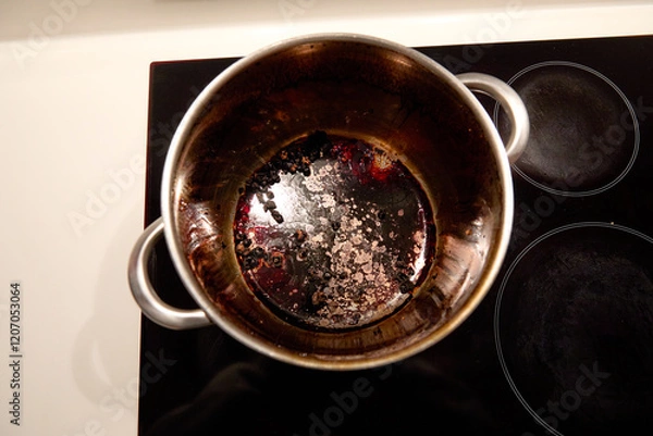 Obraz Overhead view of a large burnt pot with chickpeas inside on the induction hob in the kitchen at home