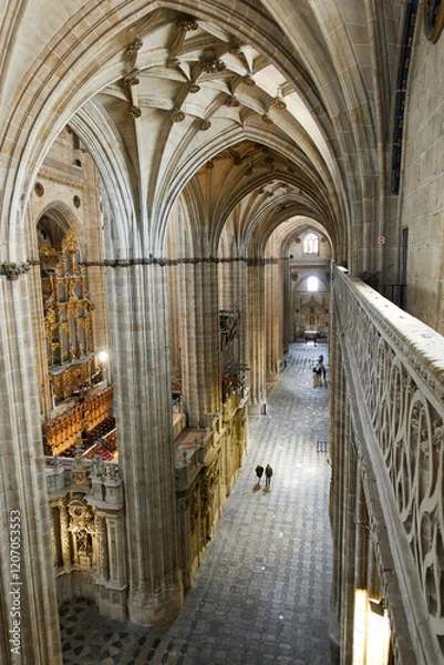 Fototapeta Top view of side nave, archs, ceiling and giant columns inside the Salamanca Cathedral, Castile and Leon, Spain