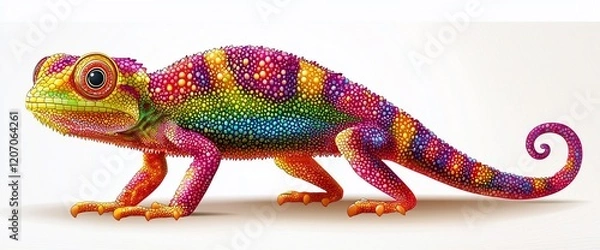 Fototapeta Vibrant rainbow chameleon reptile isolated on white background.