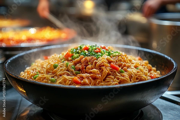 Fototapeta Aromatic Steam Rises from a Bowl of Freshly Prepared Noodles with Vibrant Vegetables, Set Against the Bustling Backdrop of a Busy Asian Noodle Kitchen