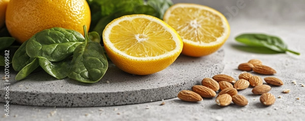 Fototapeta Fresh citrus fruits and almonds arranged with spinach on stone surface, showcasing healthy and vibrant clean eating aesthetic