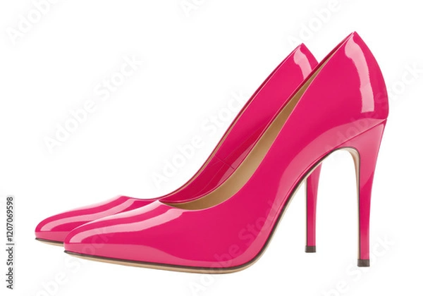 Obraz Pair of pink high-heeled shoes with a glossy finish isolated on white background