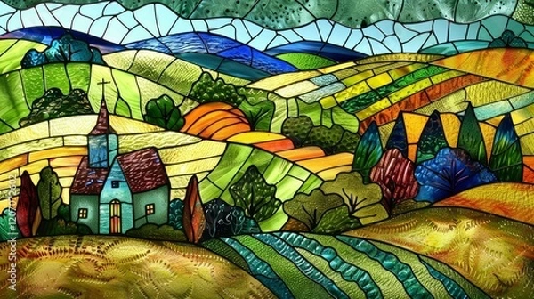 Fototapeta Colorful stained glass window with a view of the village in the mountains