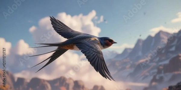 Obraz A swallow gliding effortlessly through the air, smooth, clouds