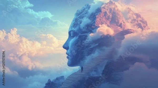 Fototapeta Ethereal Landscape Featuring Human Face Merging with Nature Elements