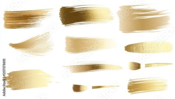 Fototapeta Collection of gold paint brush strokes isolated on white background.
