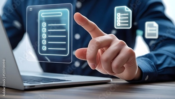 Fototapeta Document management concept, check electronic documents on digital documents on virtual screen Document Management System and process automation to efficiently document paperless operate, document.
