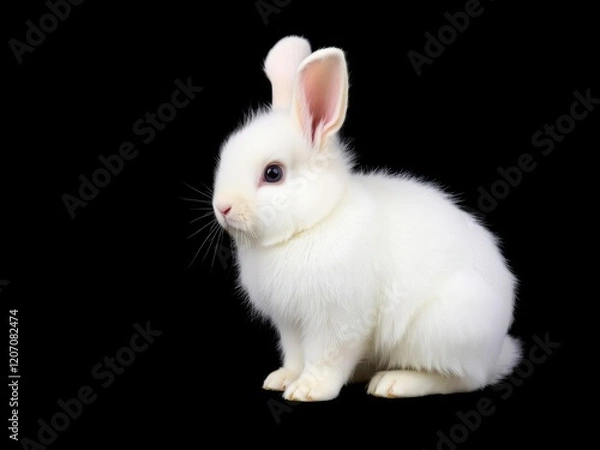 Obraz Adorable fluffy bunny with white fur standing out beautifully against a black background, black background, fluffy