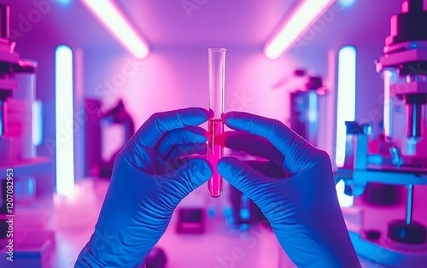 Fototapeta Scientist's hands hold test tube with pink liquid in modern lab.
