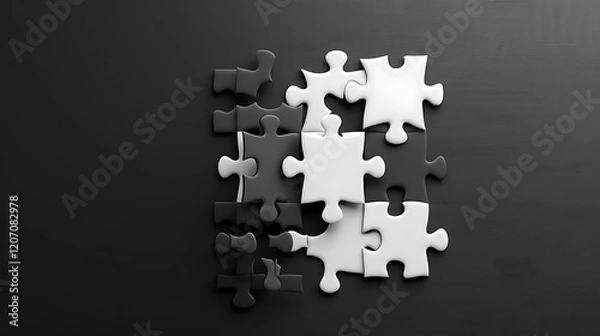 Fototapeta Black and white puzzle pieces on dark surface, problem solving concept, business strategy