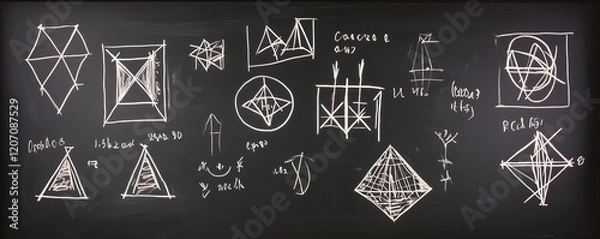 Fototapeta A chalkboard with neatly drawn geometry diagrams and math equations written in white chalk