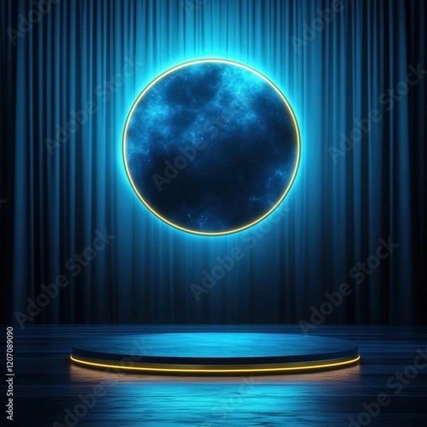 Fototapeta Neon Glowing Circle and Product Display Platform on Dark Blue Stage