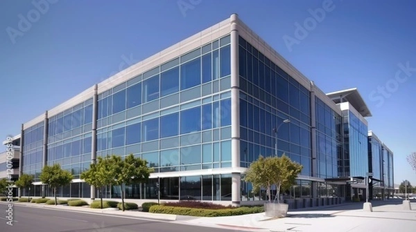 Fototapeta A modern building with reflective windows under a clear sky, used as a neutral background. stock photo --ar 16:9 --style raw --v 6 Job ID: ea6f2d71-7d73-4e91-849f-7f0c06392794