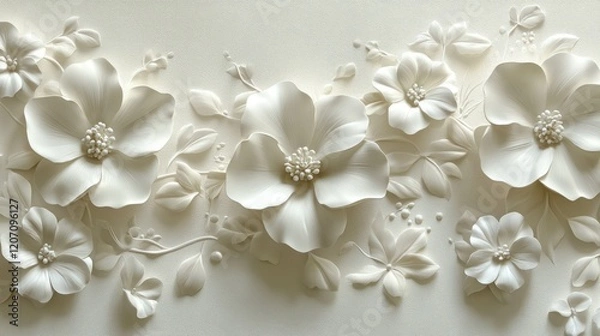 Fototapeta A seamless pattern of delicately embossed flowers on a white paper background, combining elegance and simplicity.