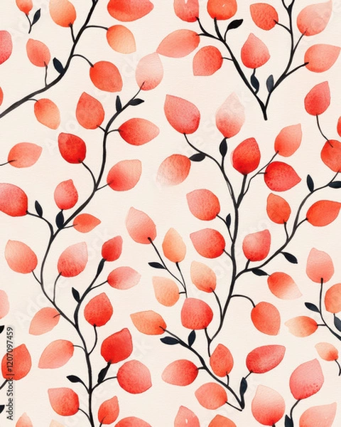 Fototapeta Watercolor pattern of red leaves on branches with soft beige background