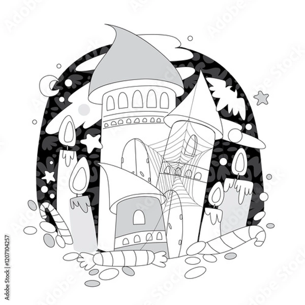 Fototapeta Vector image of a house with a spider web and pumpkins and bats. Vector illustration in flat style on the theme of Halloween.