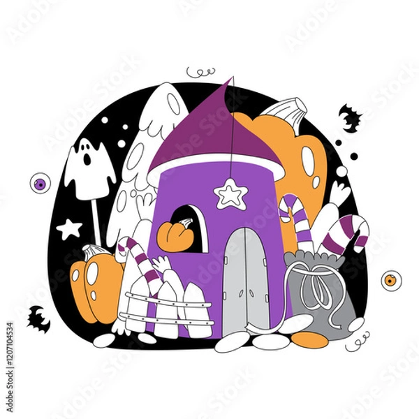 Fototapeta Vector image of a house with a spider web and pumpkins and bats. Vector illustration in flat style on the theme of Halloween.