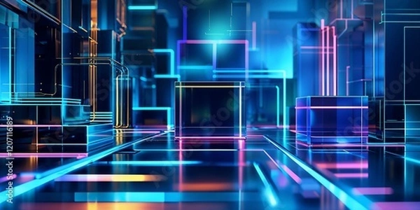 Fototapeta Modern digital abstract 3D background. Copy space. Based on Generative AI