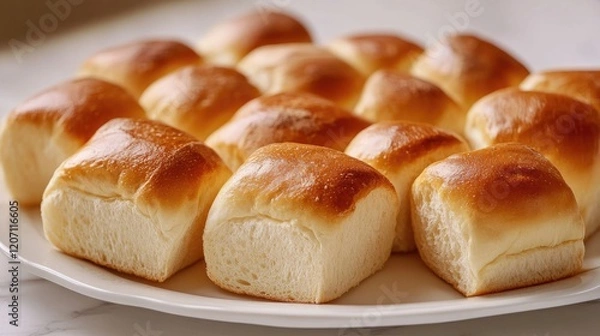 Fototapeta A close-up of a variety of bread rolls arranged on a serving platter, showcasing different types like ciabatta, brioche, and whole wheat, with a soft, warm light.