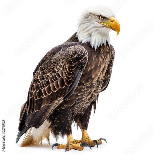 Fototapeta Bald eagle standing majestically with a sharp gaze and striking feathers.