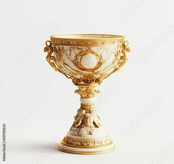 Fototapeta Ornate gilded gold and white porcelain cup on a pedestal with handles and detailed carvings.