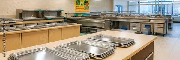 Fototapeta A neat school cafeteria setup with stainless steel trays and a buffet counter