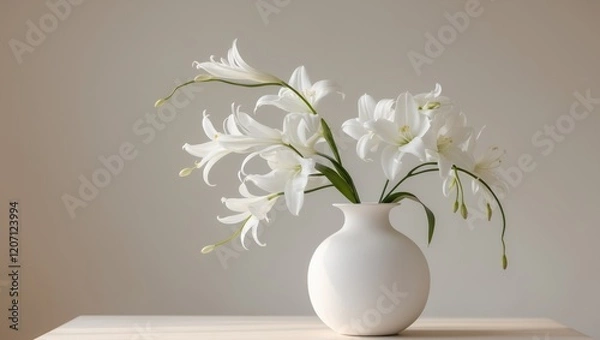 Fototapeta A white vase filled with white flowers sitting on top of a table