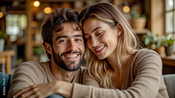 Fototapeta Lovers cuddle together on Valentine's Day, reflecting love and warmth. This intimate moment captures the essence of the relationship and embodies this romantic spirit.