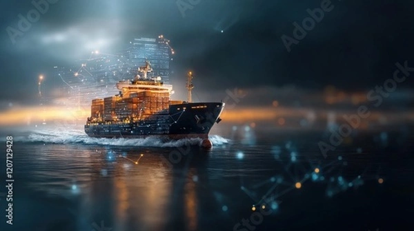 Fototapeta Modern cargo ship navigating ocean waves at dusk maritime transport industry digital art dynamic environment aerial perspective futuristic concepts
