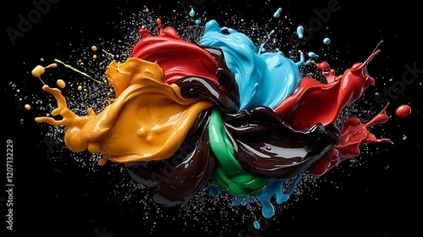 Fototapeta Colorful paint explosion, dynamic swirl, black background, creative design, advertising