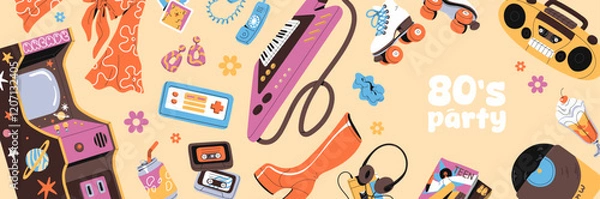 Fototapeta Design of 80s party banner. Template of 1980 nostalgia event advertising. 1980s items, accessories in retro style, cassettes, game machine, vinyl, tape recorder on layout. Flat vector illustration