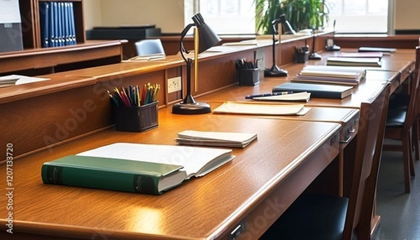 Fototapeta A row of wooden desks with neatly placed textbooks, pens, and a desk lamp