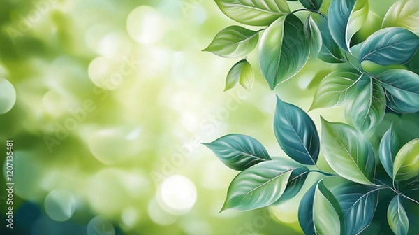 Fototapeta Green blurred nature background , green leaves , natural frame, background,  bokeh effect ,green atmosphere. 
,nature, early morning ,sunlight filtering through trees.