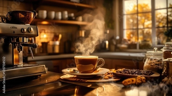 Fototapeta A steaming cup of freshly brewed coffee on a kitchen counter, with hot steam rising and a warm, inviting ambiance.