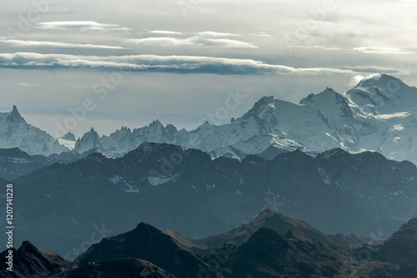 Fototapeta Paysage du Chablais à l' automne depuis les Cornettes de Bise ; Vue sur le Massif du Mont Blanc , Haute-Savoie France